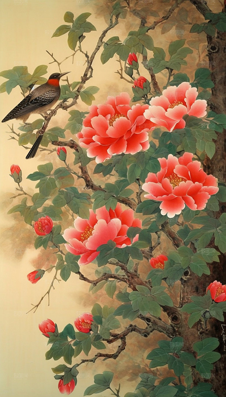 孔雀传统手绘工笔画