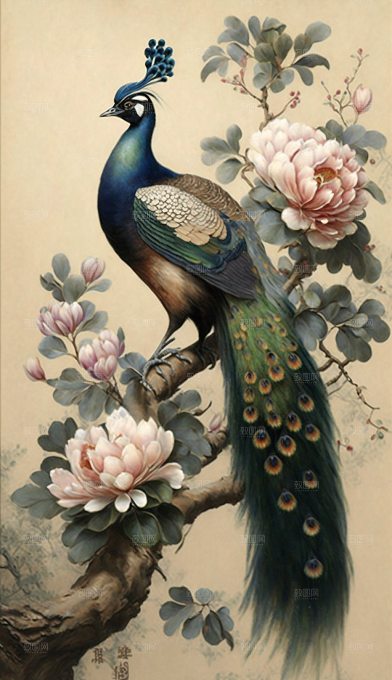 孔雀国画花鸟工笔画