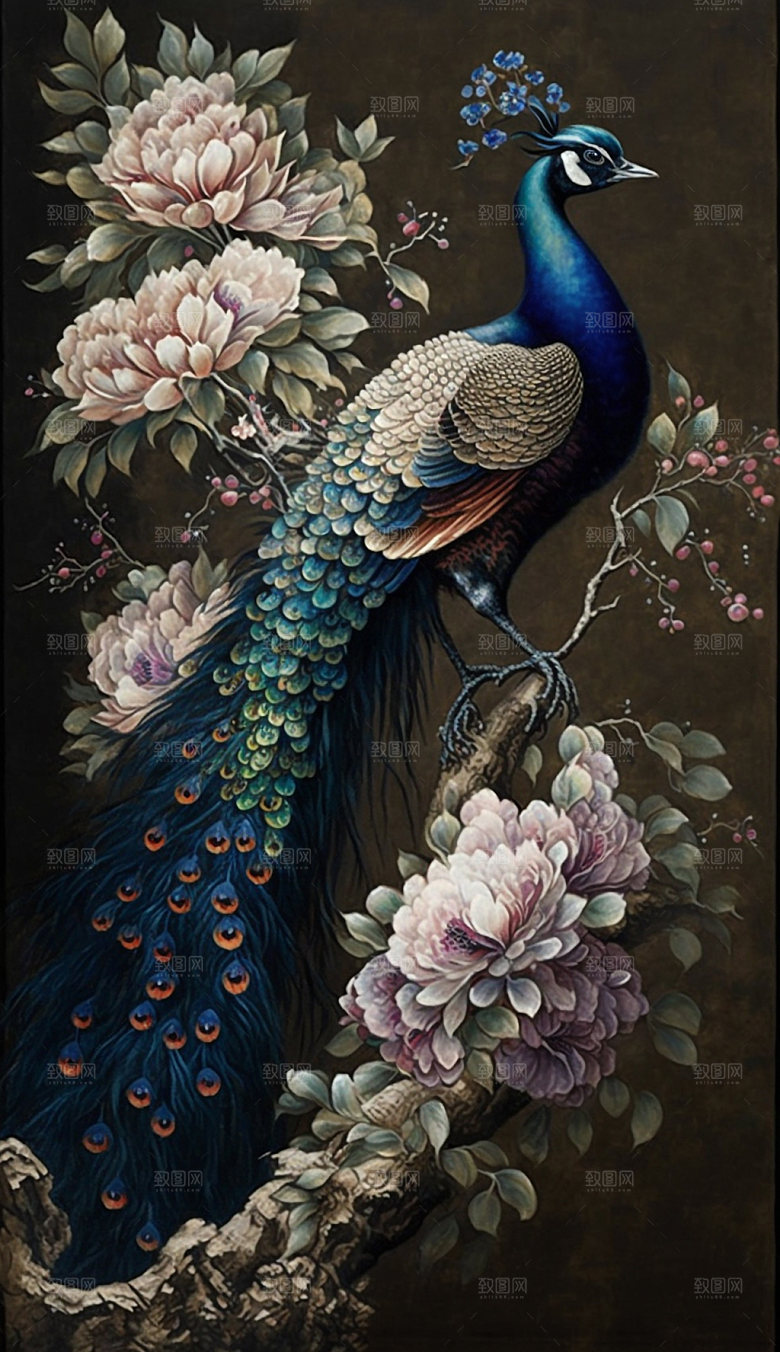 孔雀花鸟国潮工笔画