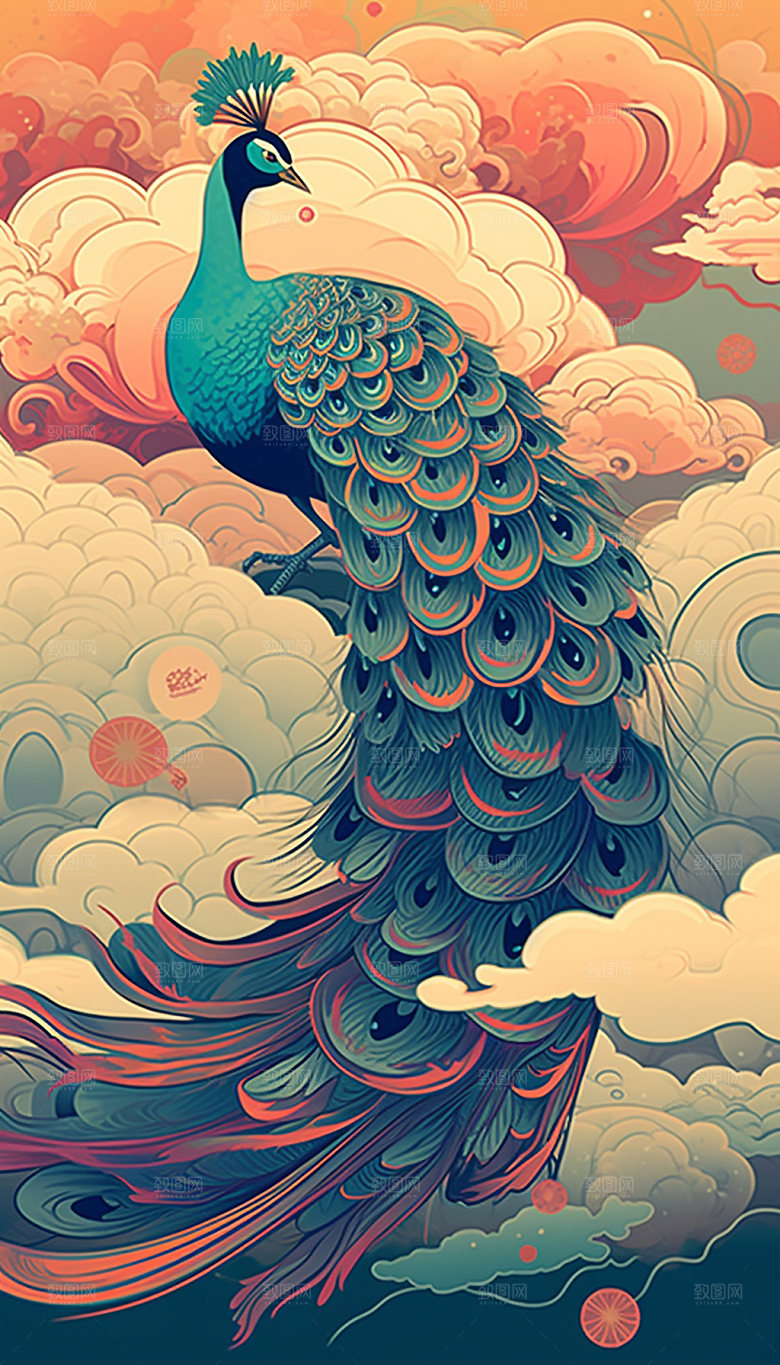 孔雀中国风花鸟工笔画