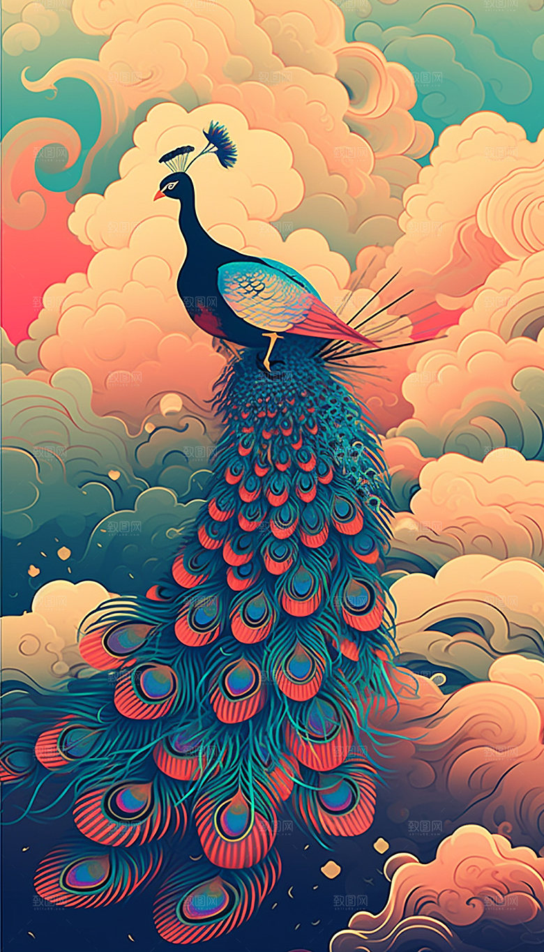 孔雀中国风手绘工笔画
