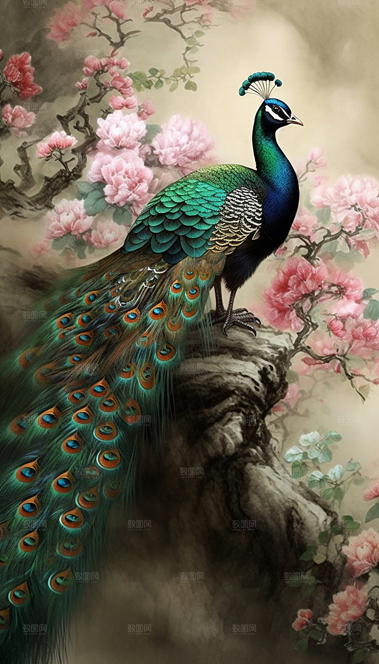 孔雀艺术花鸟工笔画
