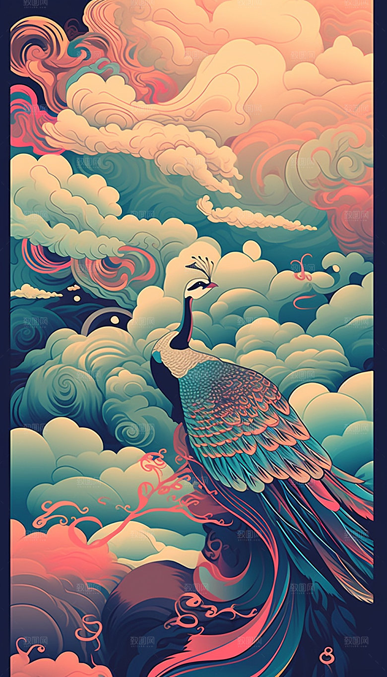 国潮风传统山水祥云插画