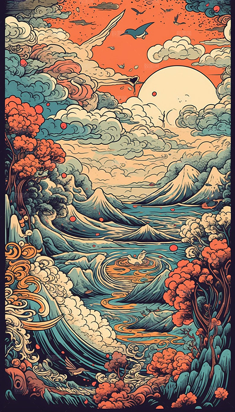 国潮风手绘山水祥云插画