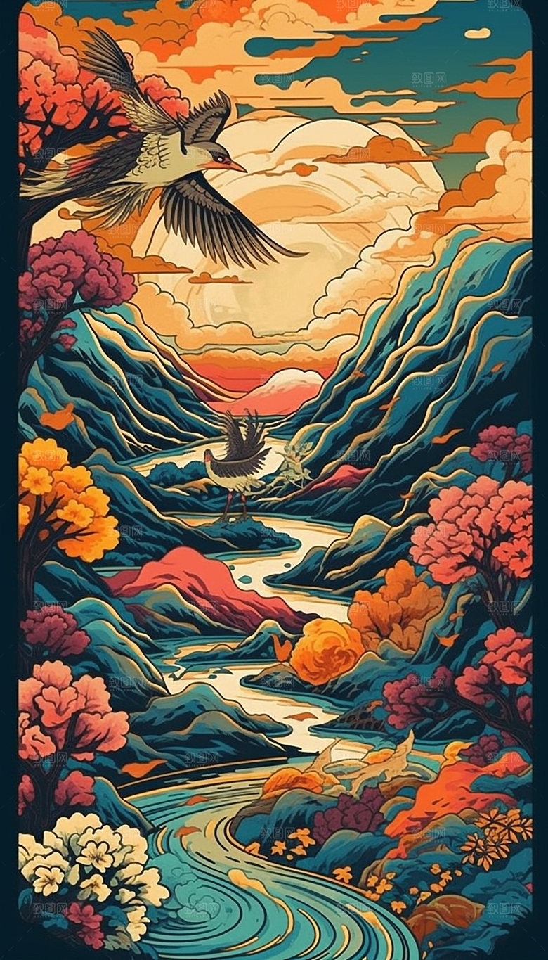 国潮风浮世绘山水祥云插画