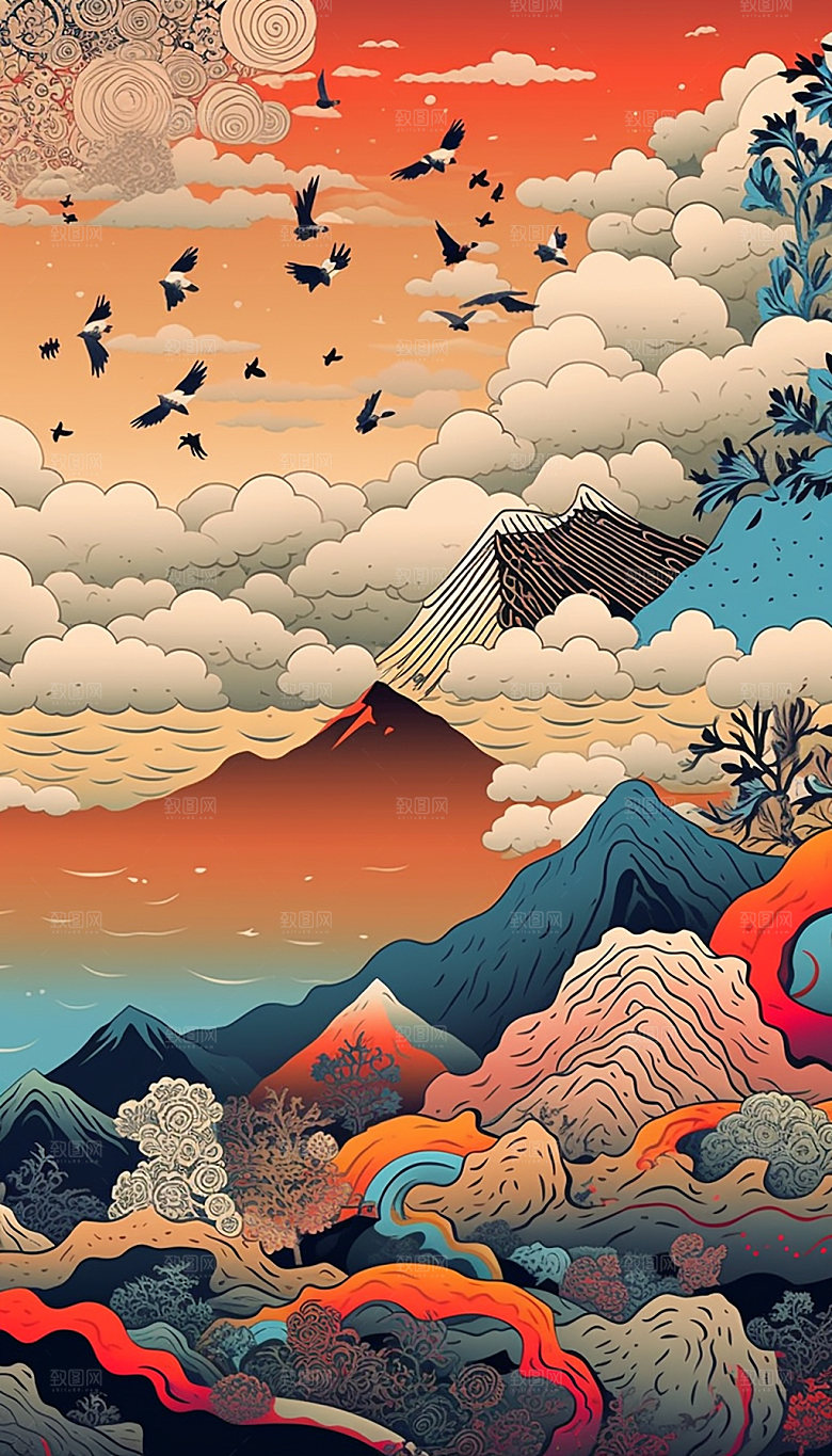 国潮风浮世绘手绘祥云插画