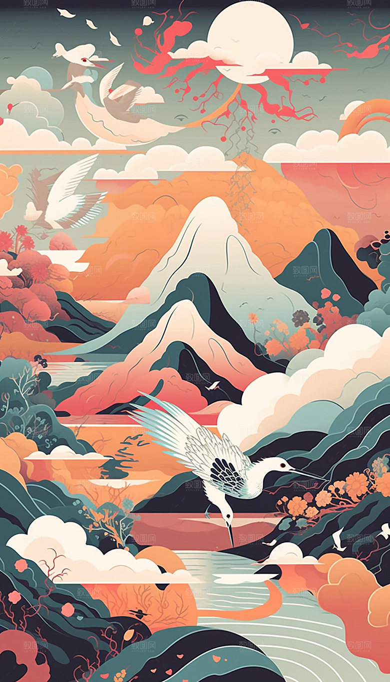国潮风山水传统祥云插画