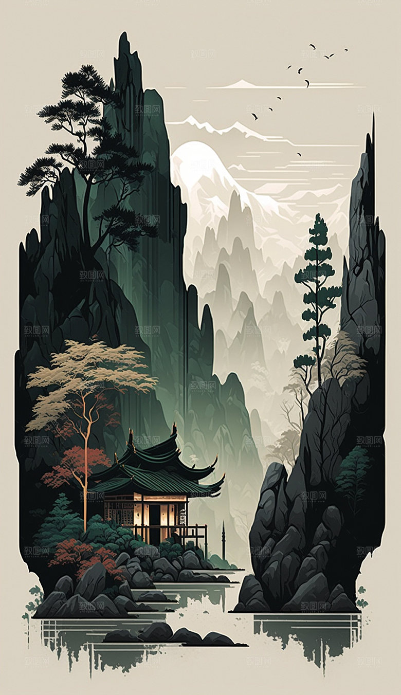 国潮风中国风山水祥云插画