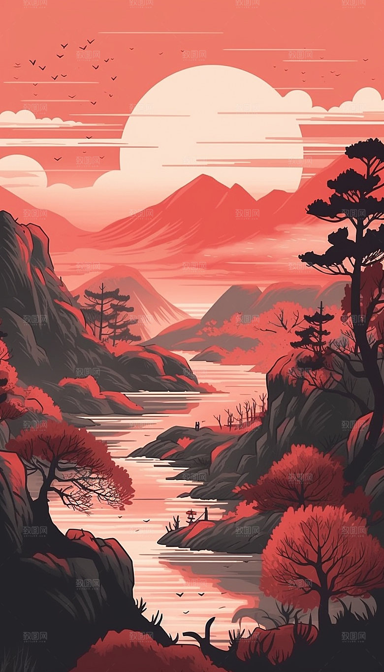 国潮风花鸟中国风祥云插画