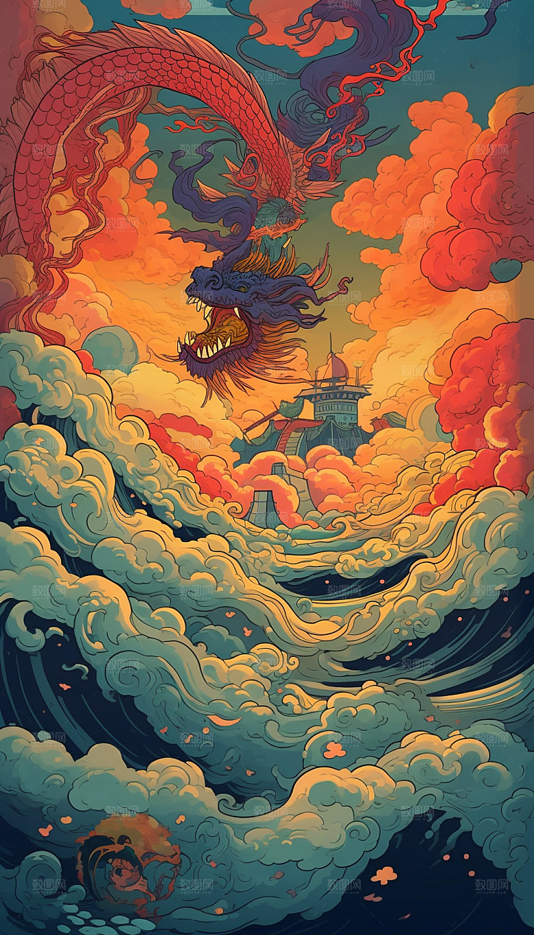 国潮风手绘传统祥云插画