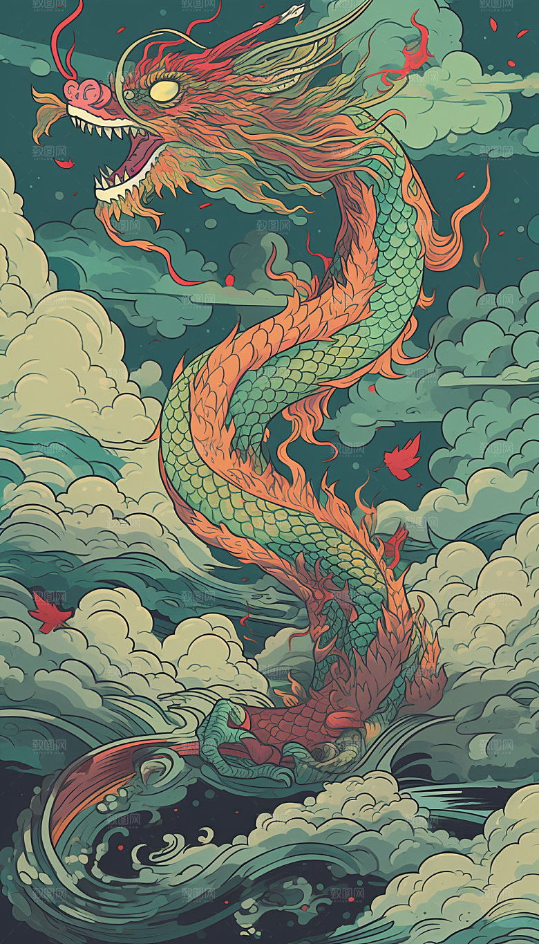 国潮风山水手绘祥云插画