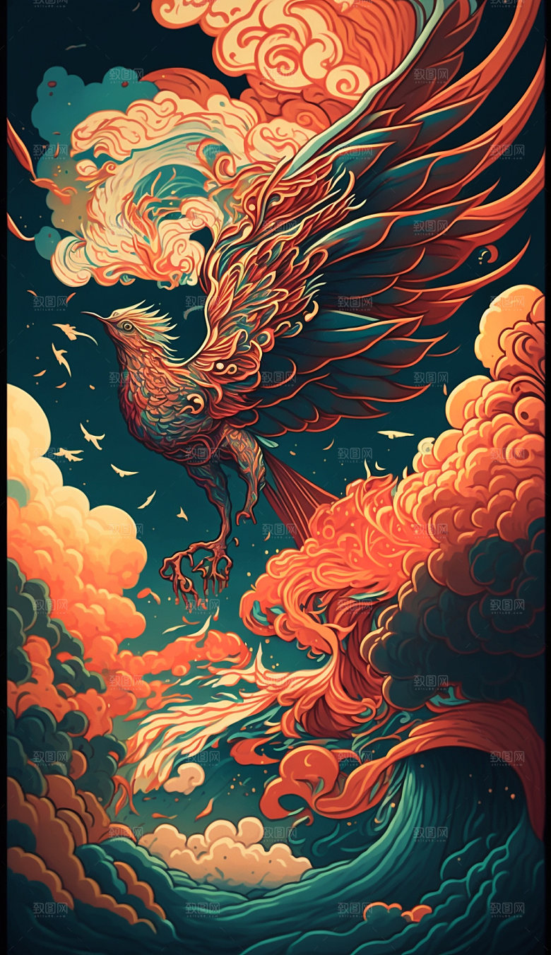 国潮风花鸟手绘祥云插画