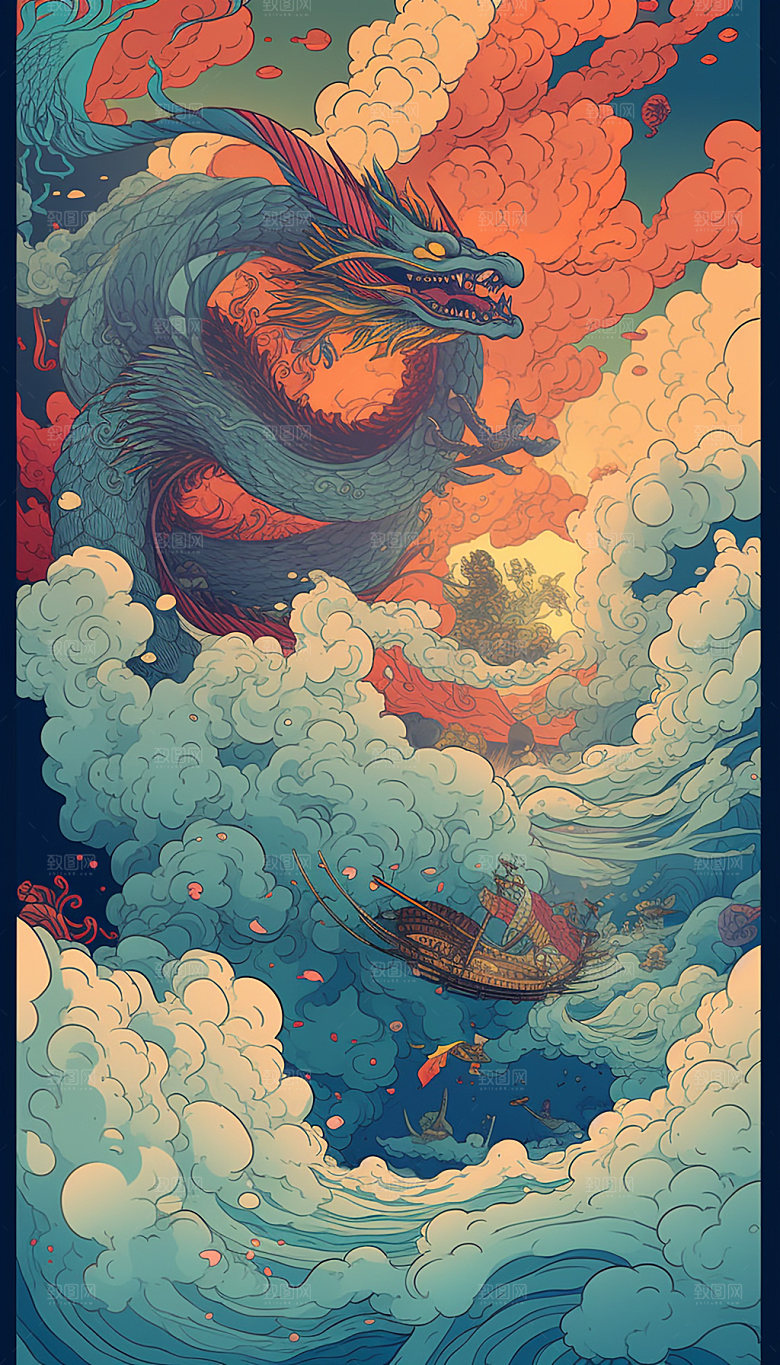 国潮风传统浮世绘祥云插画