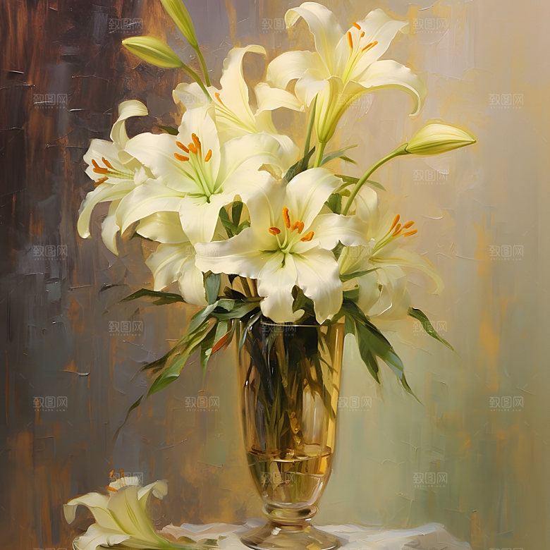 百合花油画清新插画