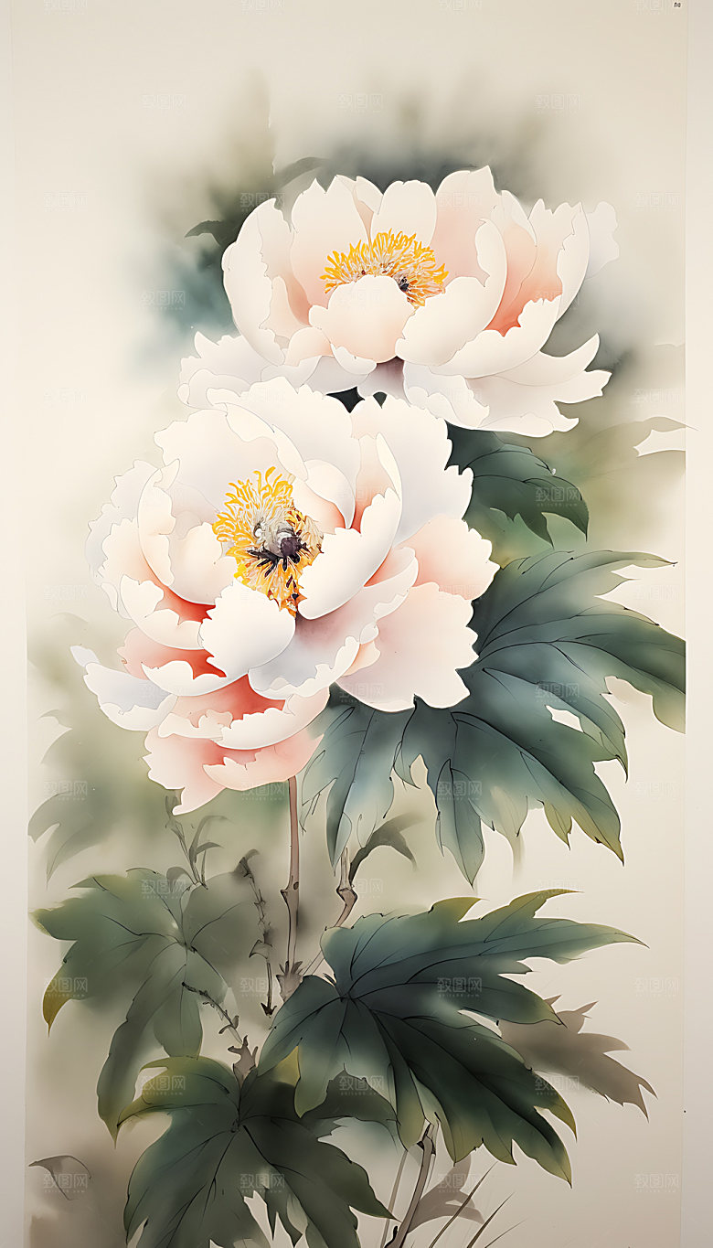 牡丹植物水彩插画