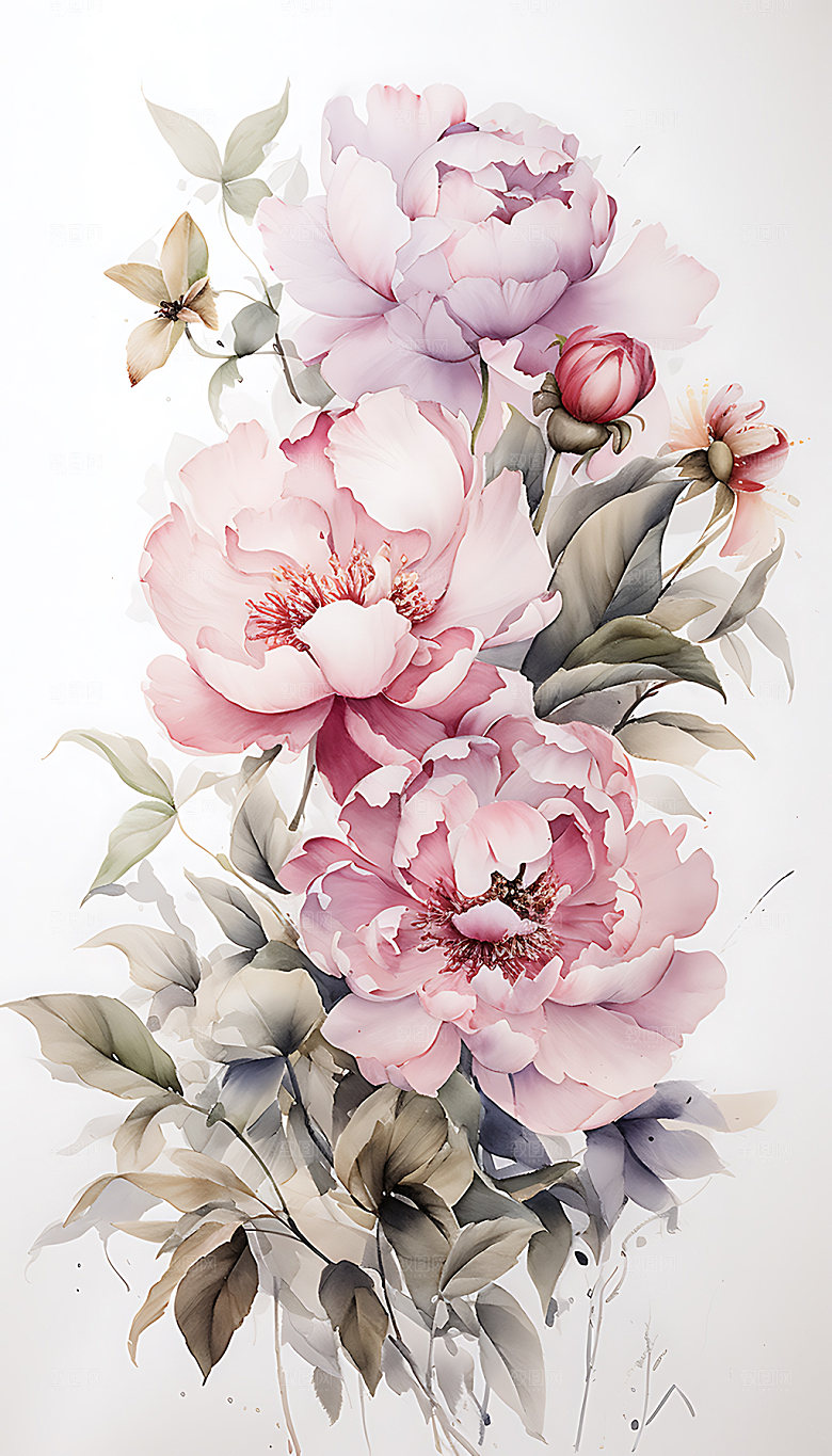 牡丹清新传统插画