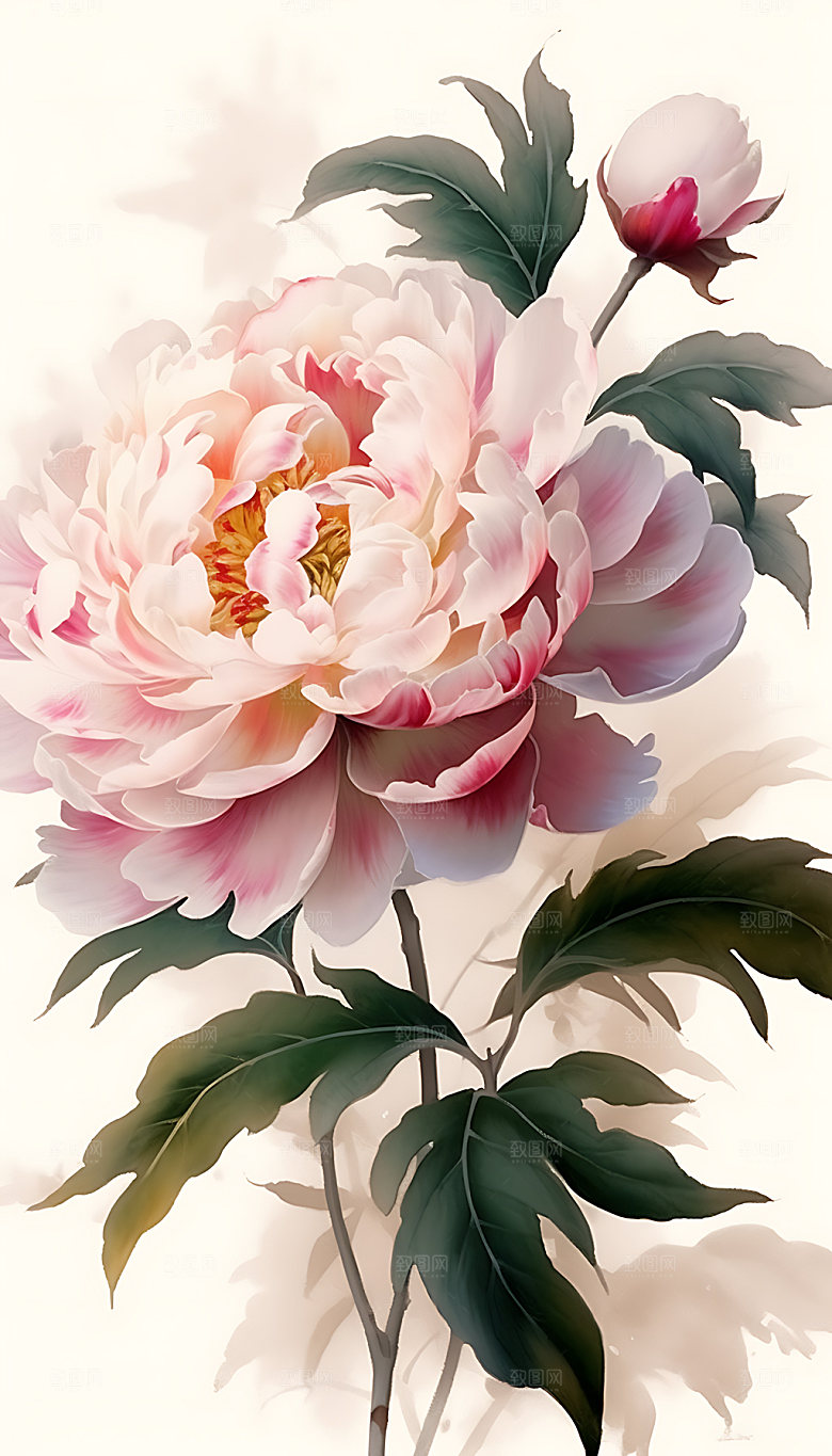 牡丹水彩富贵插画
