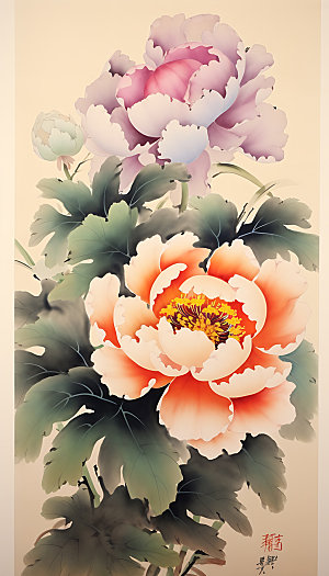牡丹水彩中国风插画