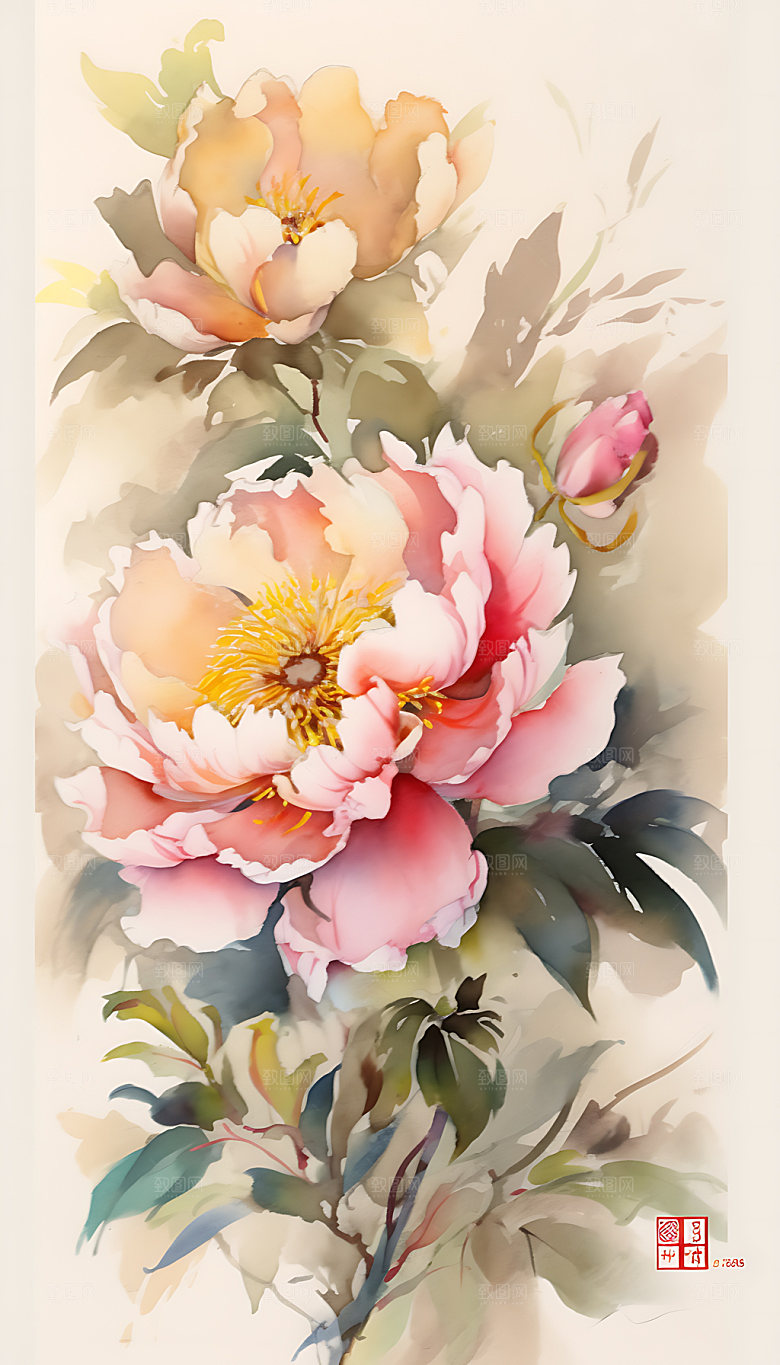 牡丹中国风传统插画