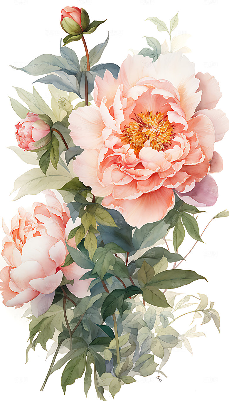 牡丹水彩元素插画
