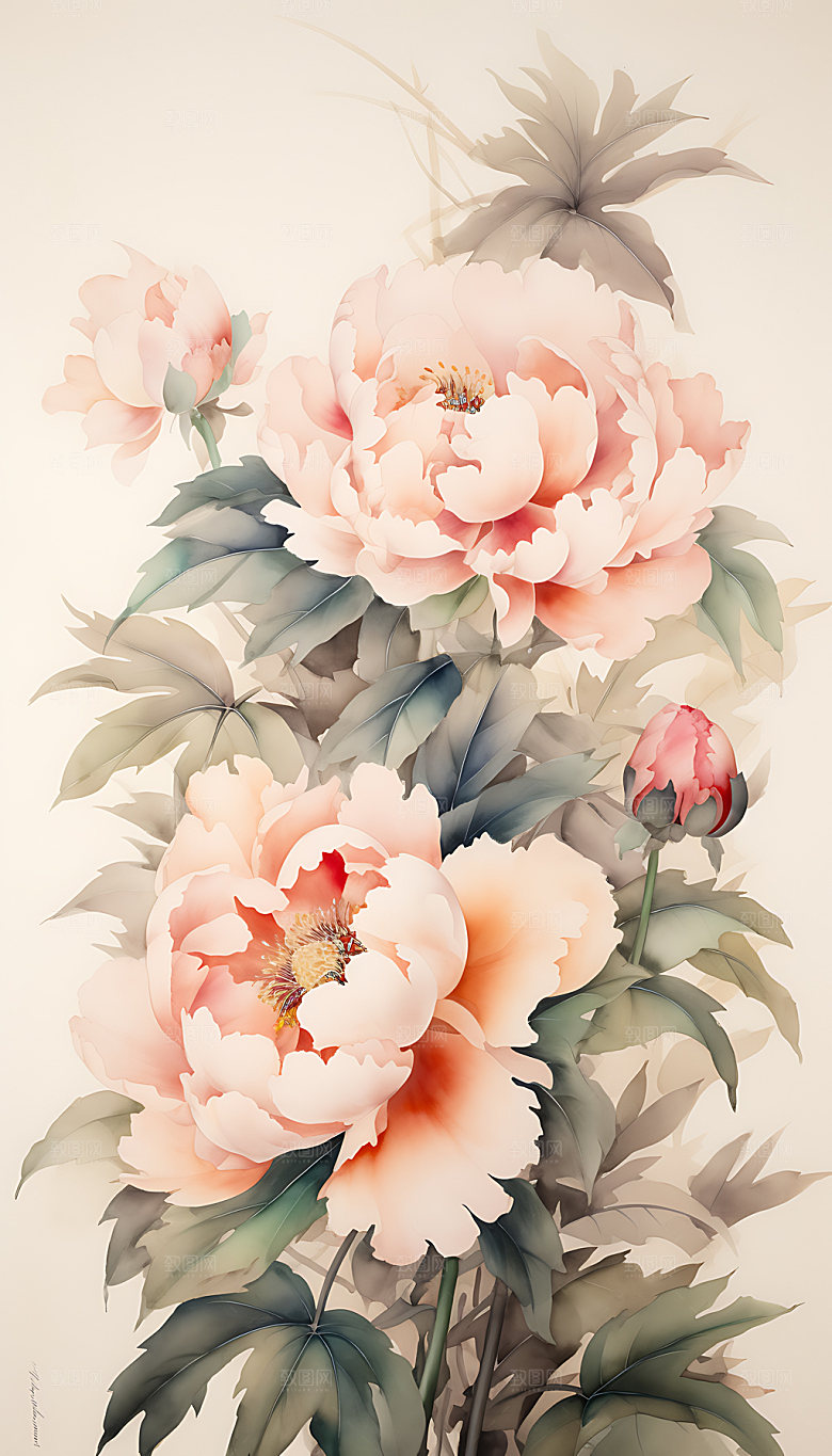 牡丹富贵传统插画
