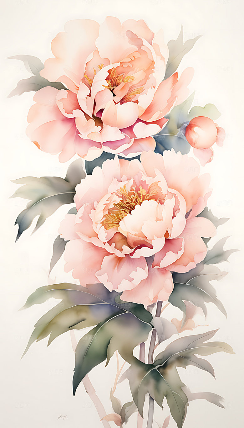 牡丹元素水彩插画