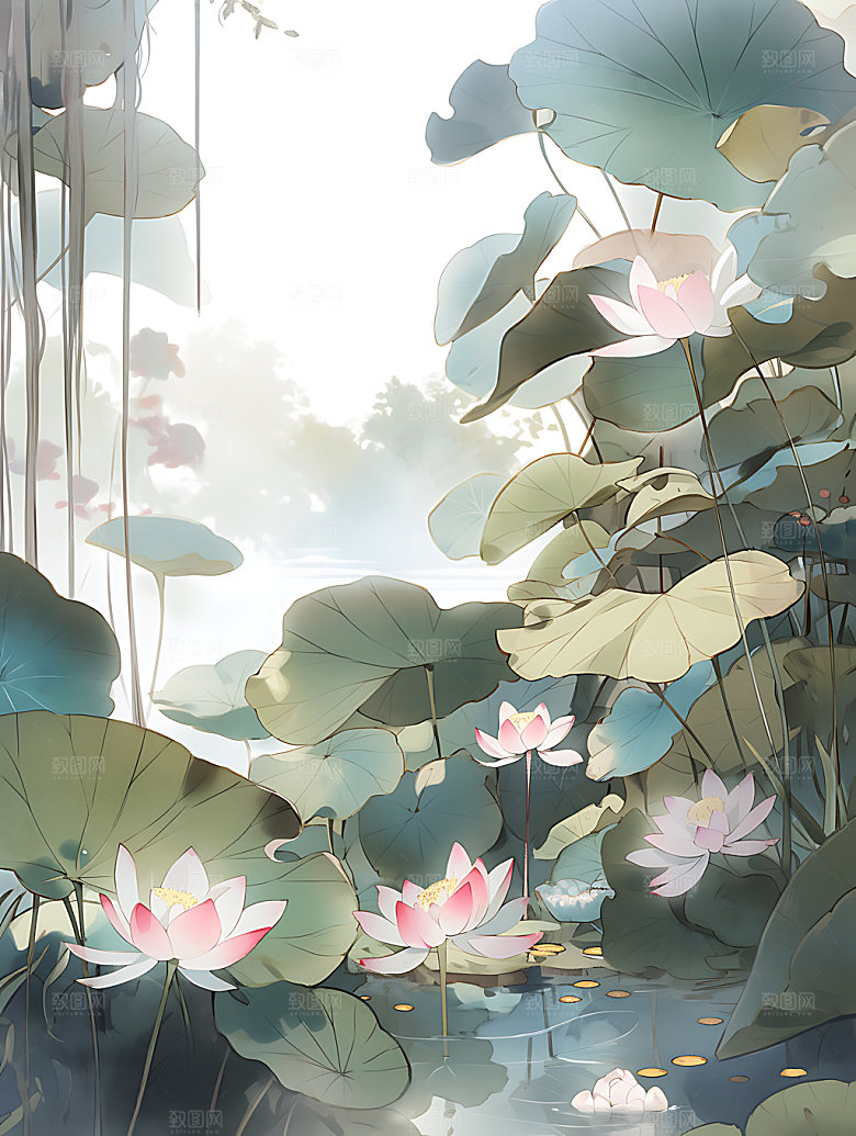 荷花花卉手绘插画
