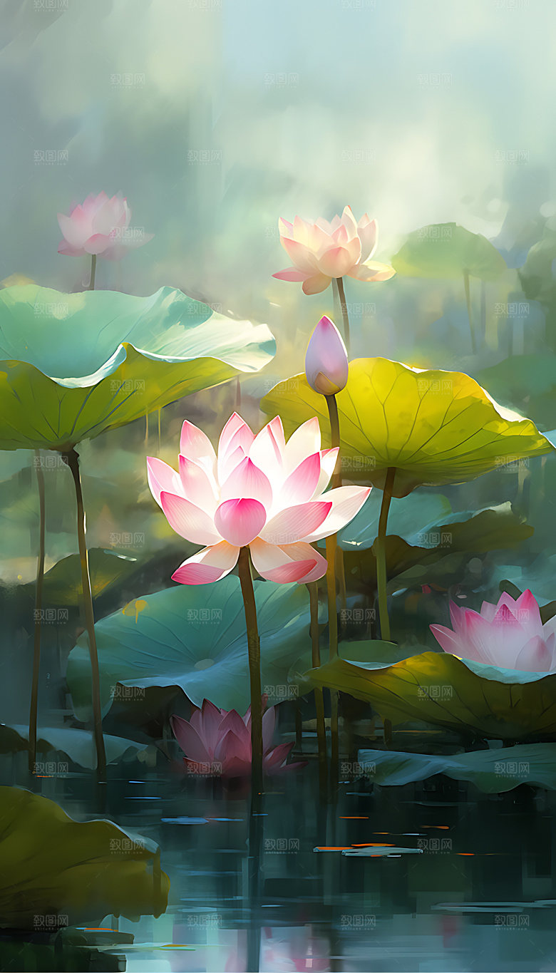 荷花水彩手绘插画