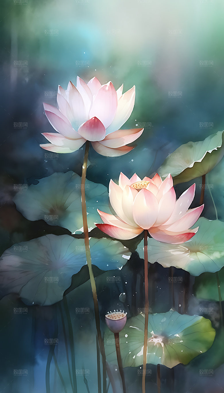 荷花花卉中国风插画