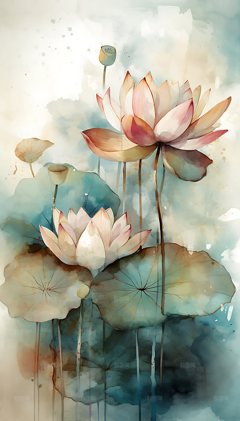 荷花手绘花卉插画