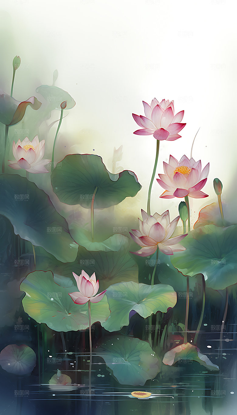 荷花手绘清新插画