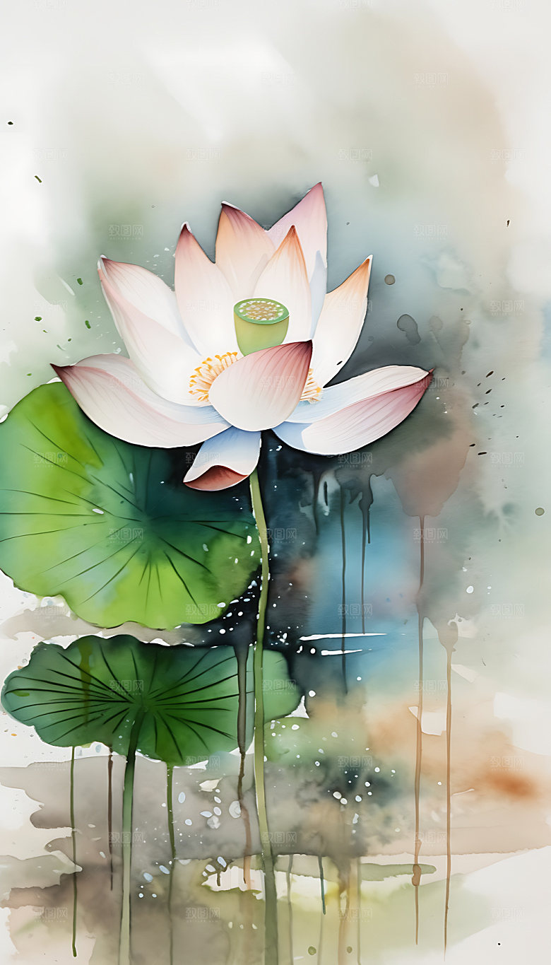 荷花中国风水彩插画
