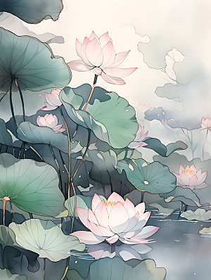 荷花花卉中国风插画