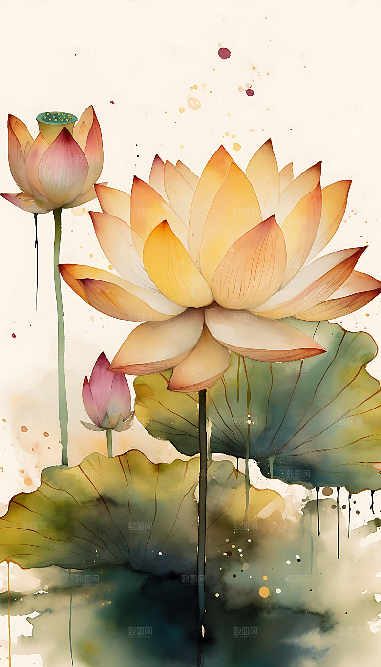 荷花花卉手绘插画