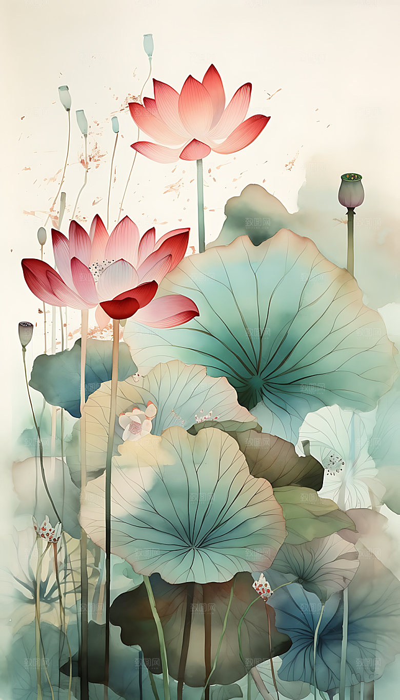 荷花手绘水彩插画