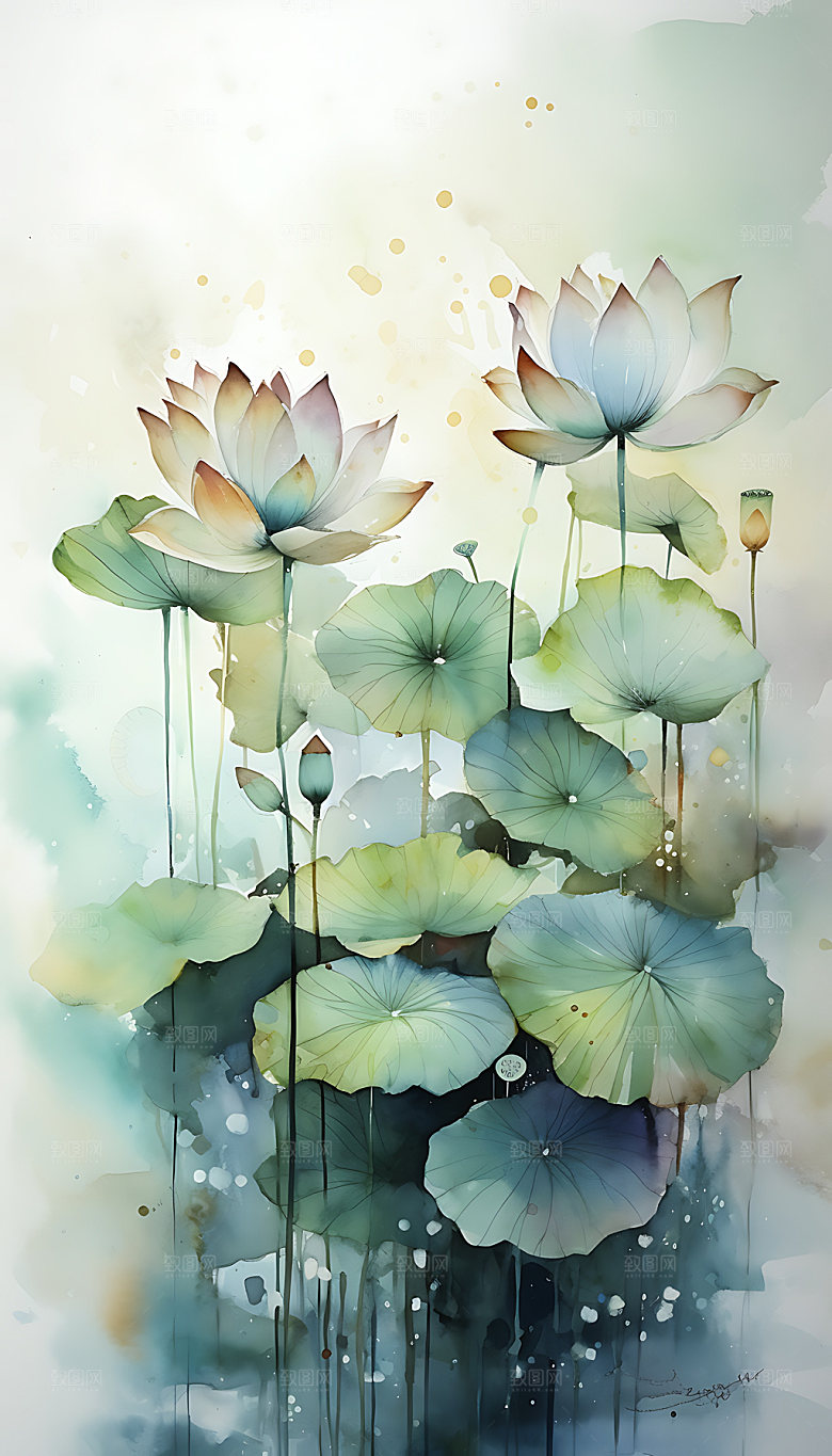 荷花水彩花卉插画