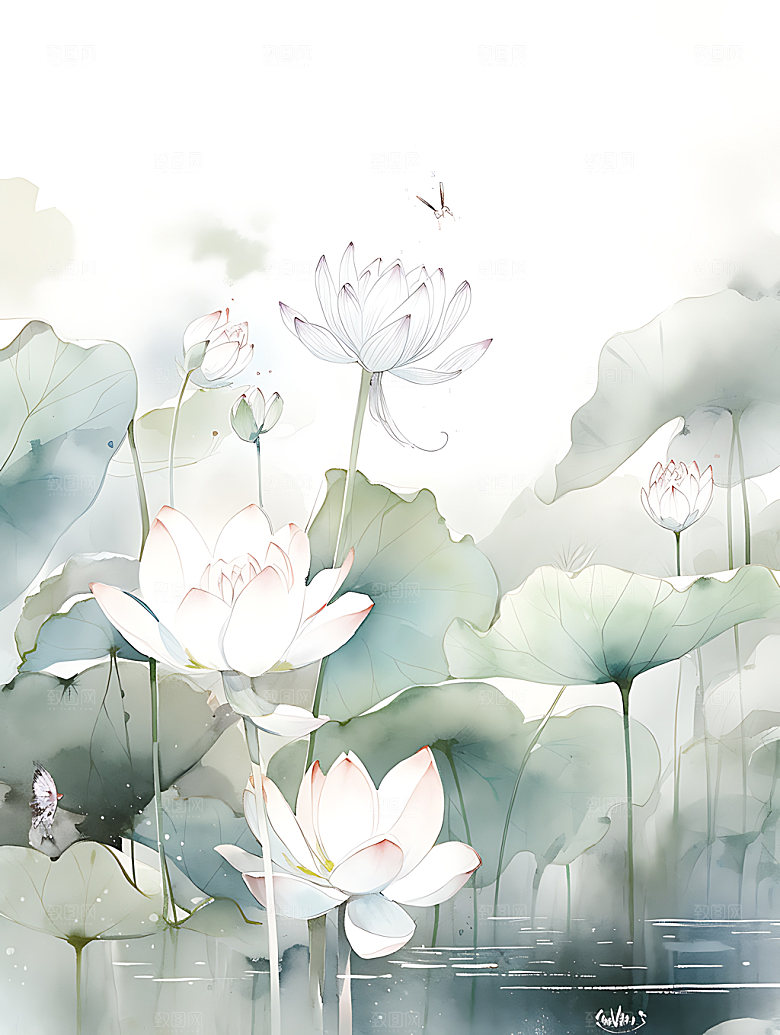荷花花卉水彩插画