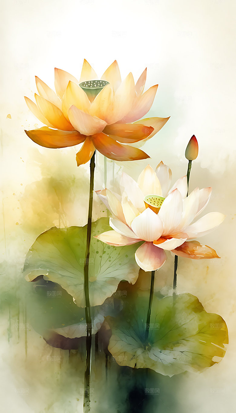 荷花手绘中国风插画