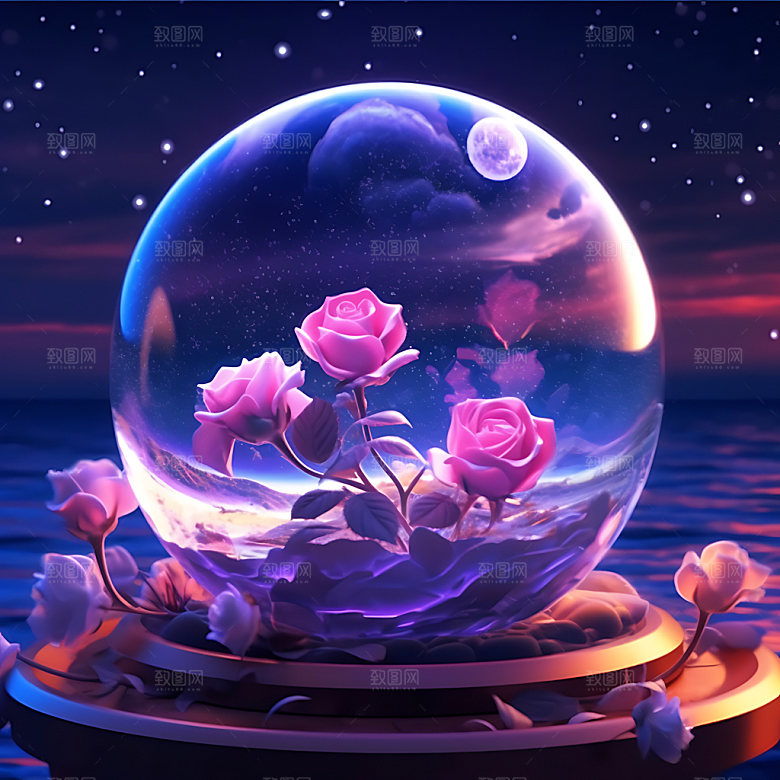 玻璃罩玫瑰神秘浪漫创意摄影图