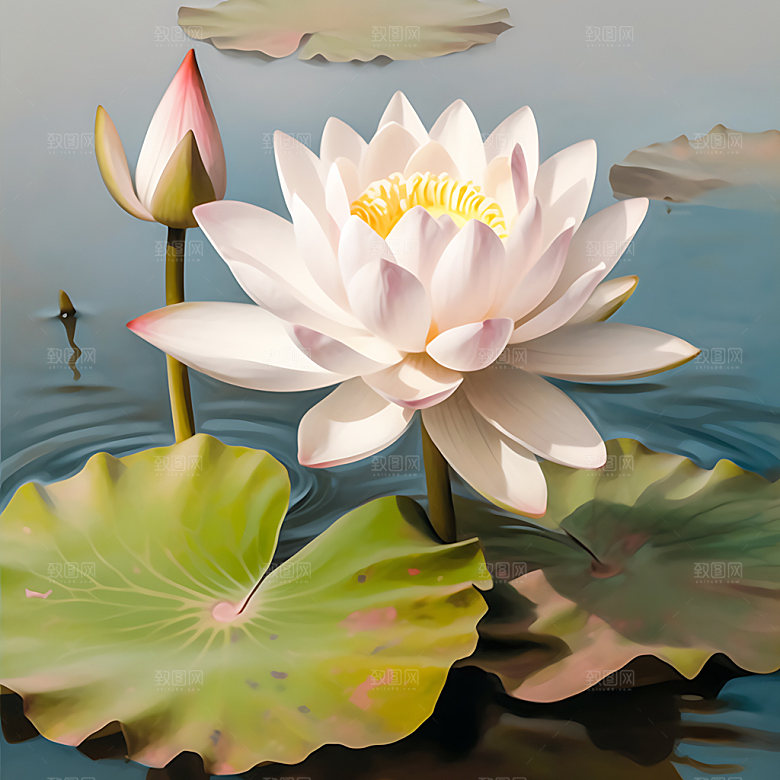 荷花优雅荷叶油画