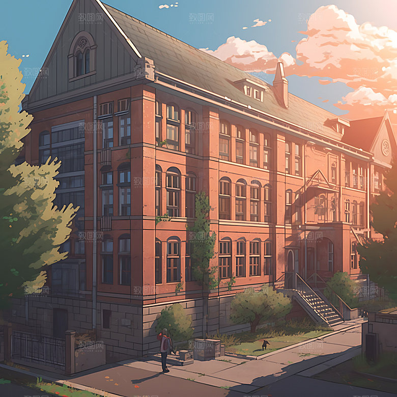 校园教学楼手绘插画