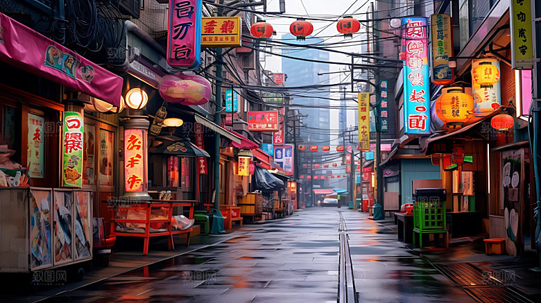 日系街道风光艺术插画