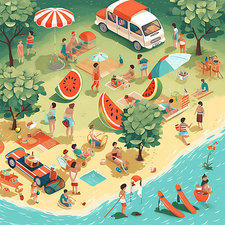 夏季扁平风旅游度假插画