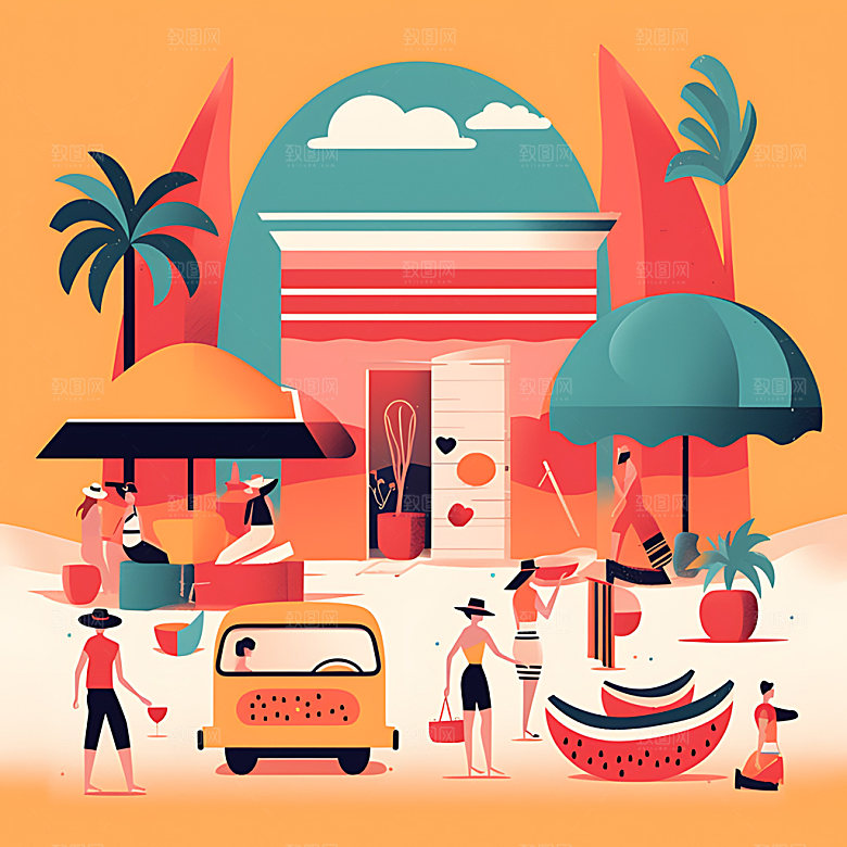 夏季扁平风艺术旅游插画