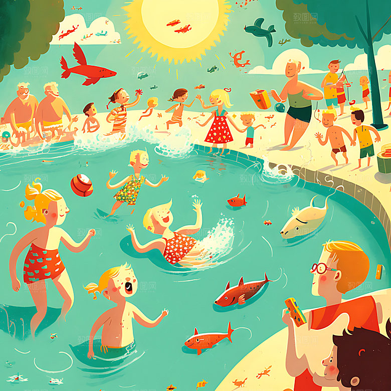 夏季扁平风艺术旅游插画
