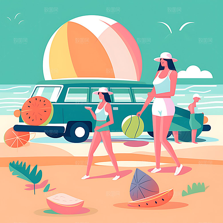 夏季扁平风时尚户外插画