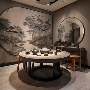 中式茶室室内设计中国风效果图