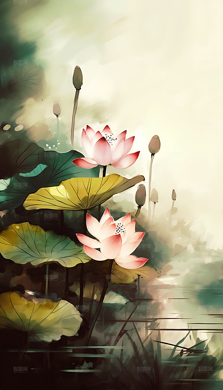 荷花国画中国风装饰画