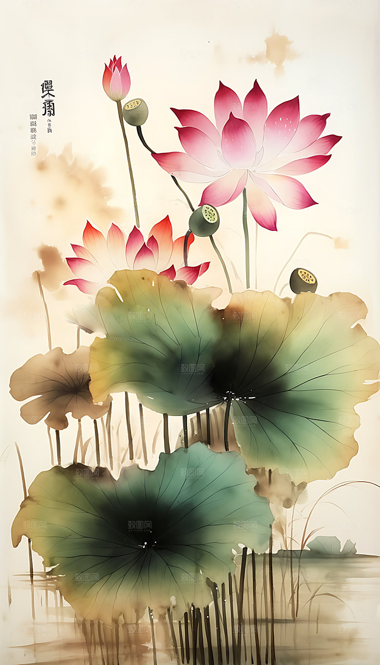 荷花清廉水墨装饰画