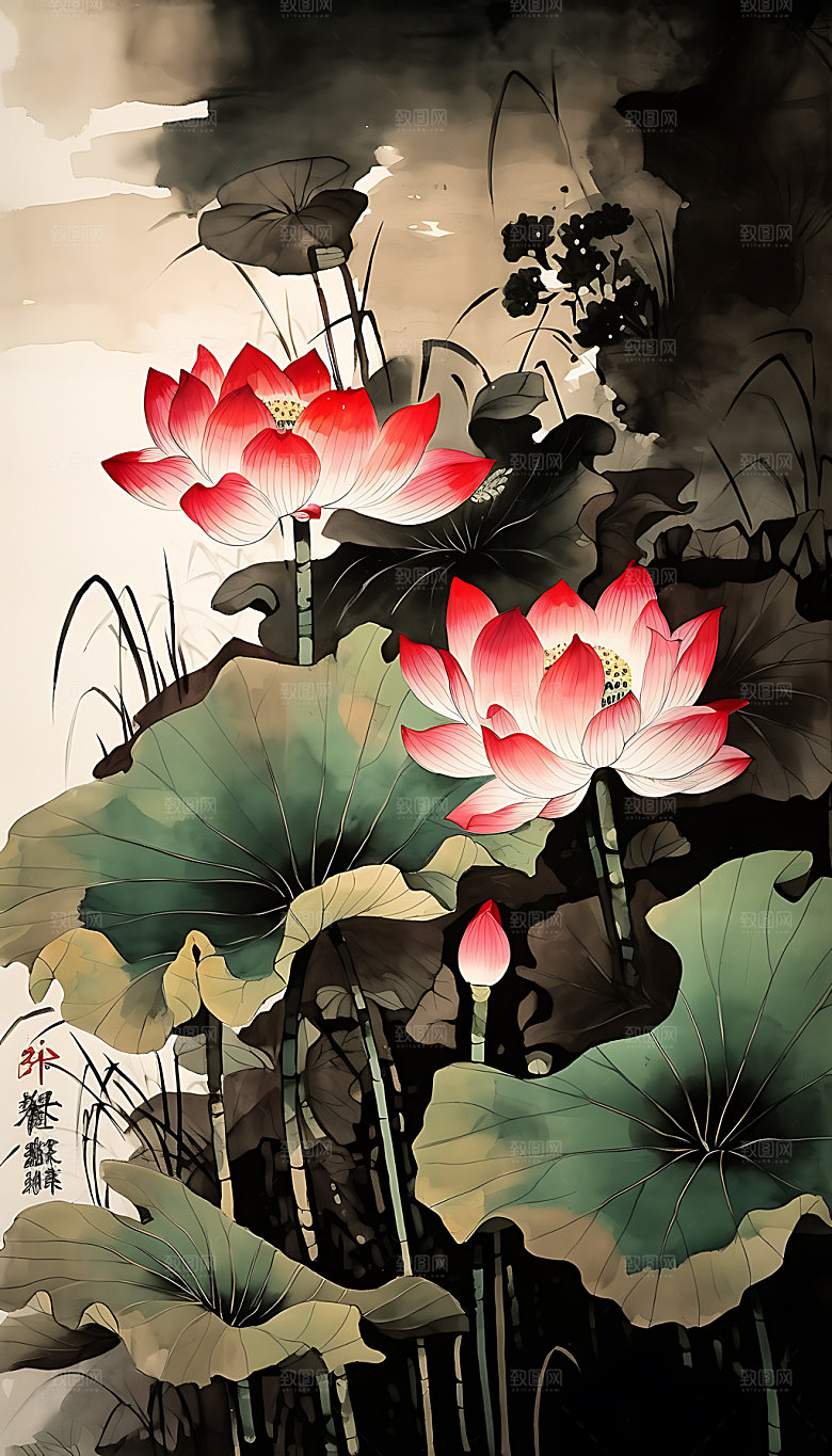 荷花清廉水墨装饰画